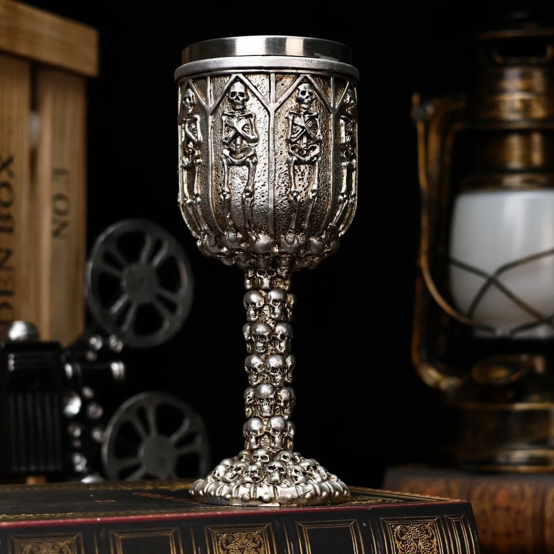 Silver Skull Goblet Stainless Steel Insert 3D Retro Gothic Fantasy Skeleton Wine Glass Halloween Beer Mug and Cup Halloween Gift
